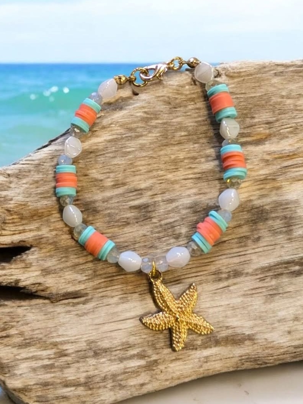 Gold Starfish Charm Bracelet with Coral & Turquoise Beads